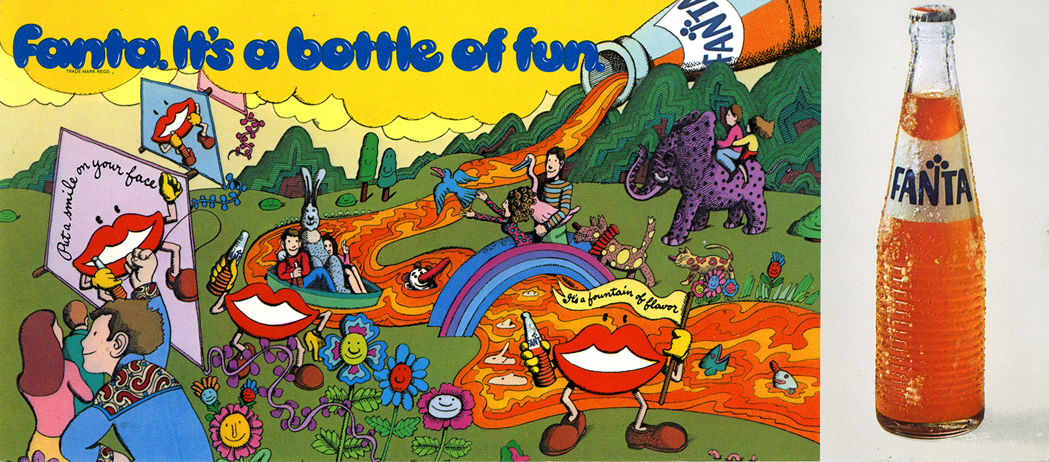 People and creatures paddling down a river of Fanta soda.